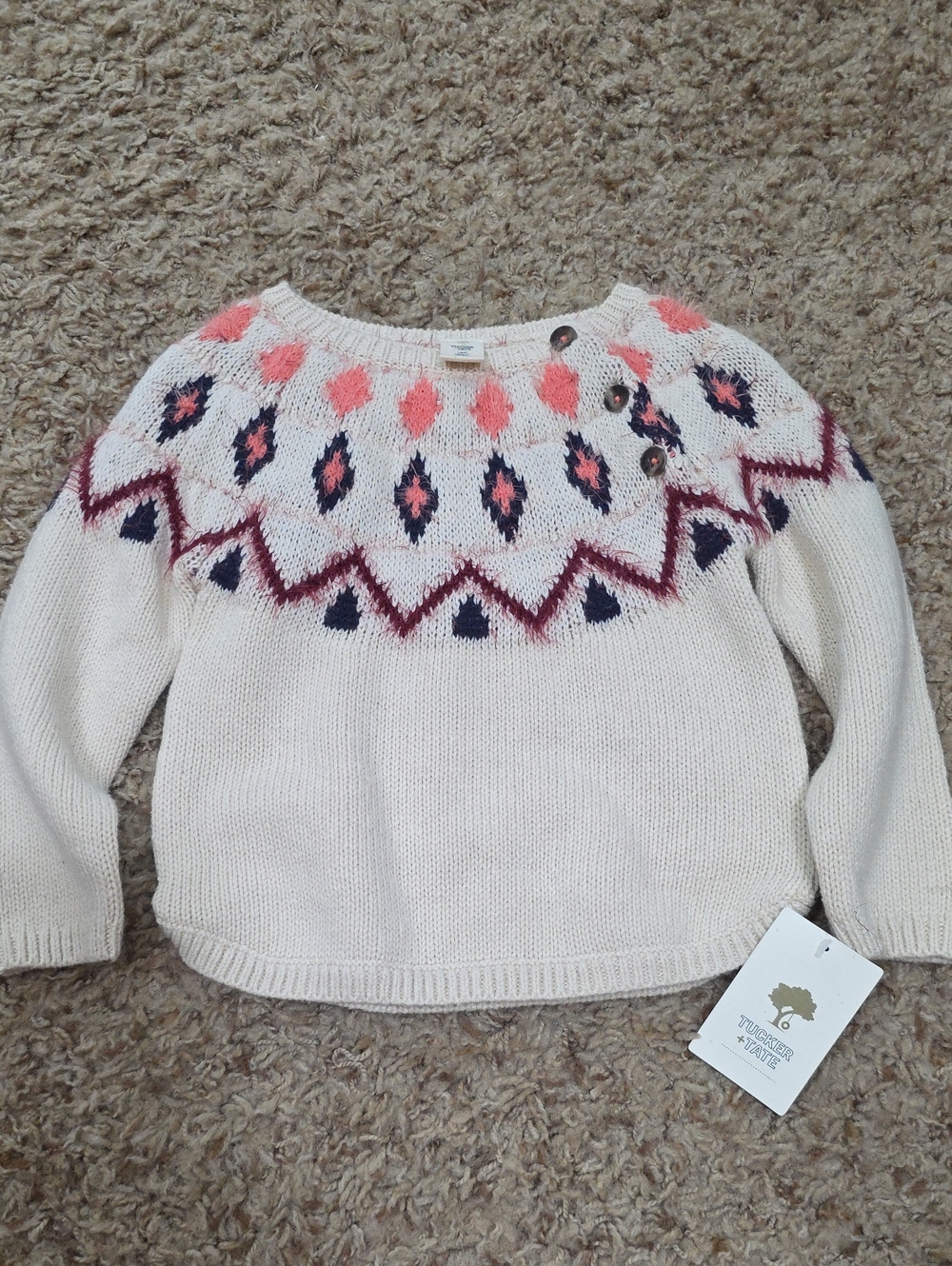 NWT Tucker + Tate Cream Sweater with Coral and Navy Fair Isle Yoke 18M